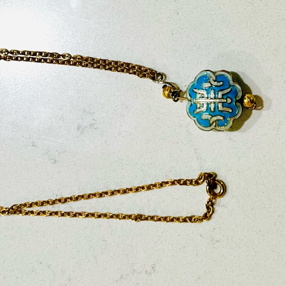 Vintage Cloisonné Enamel Necklace – Robin’s-Egg Blue & Gold Longevity Symbol - Picture 6 of 11
